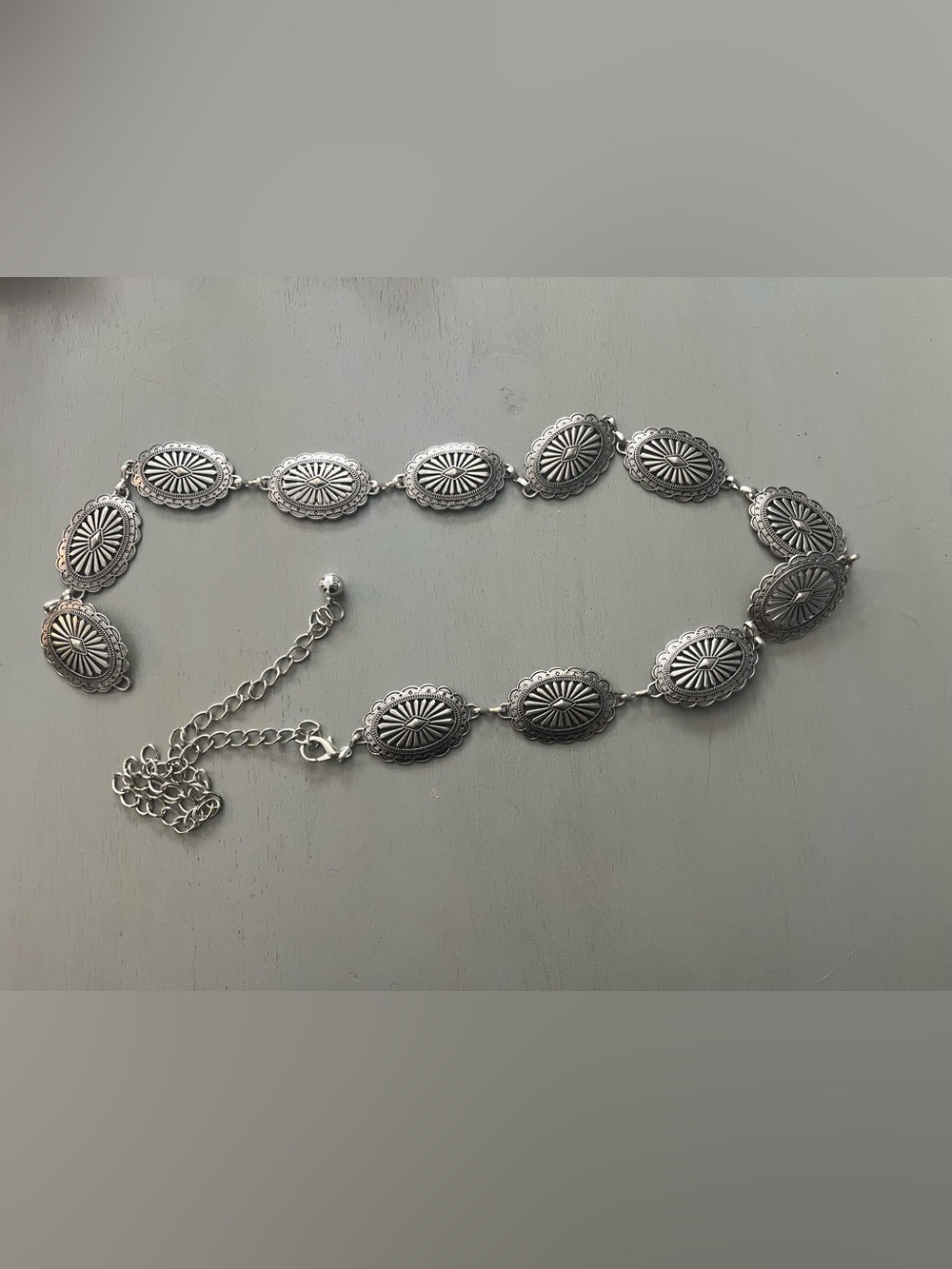 Silver Concho Chain Belt Western Boho Medallion Adjustable Textured Metal